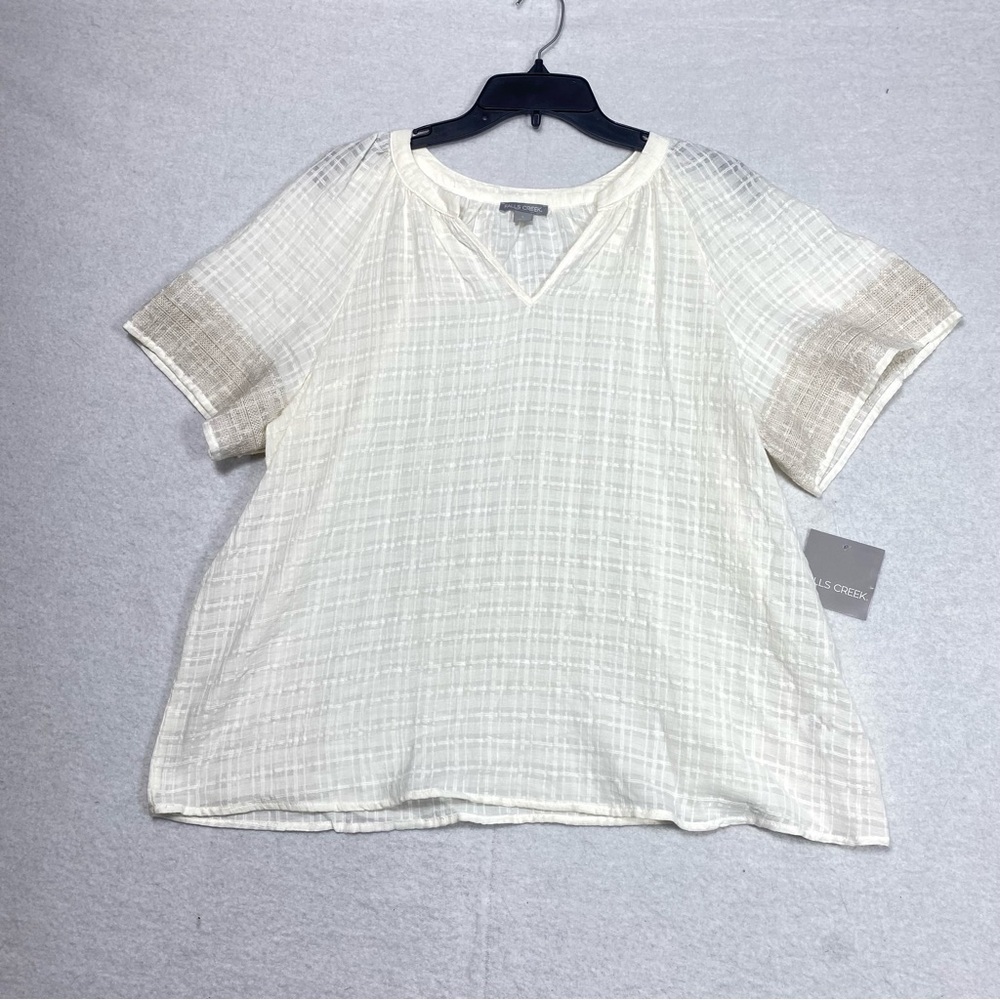 Falls Creek Blouse Women L Ivory/Beige Embroidered Textured Sheer Casual NWT
